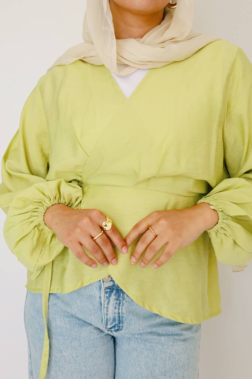 Lime green linen wrap blouse