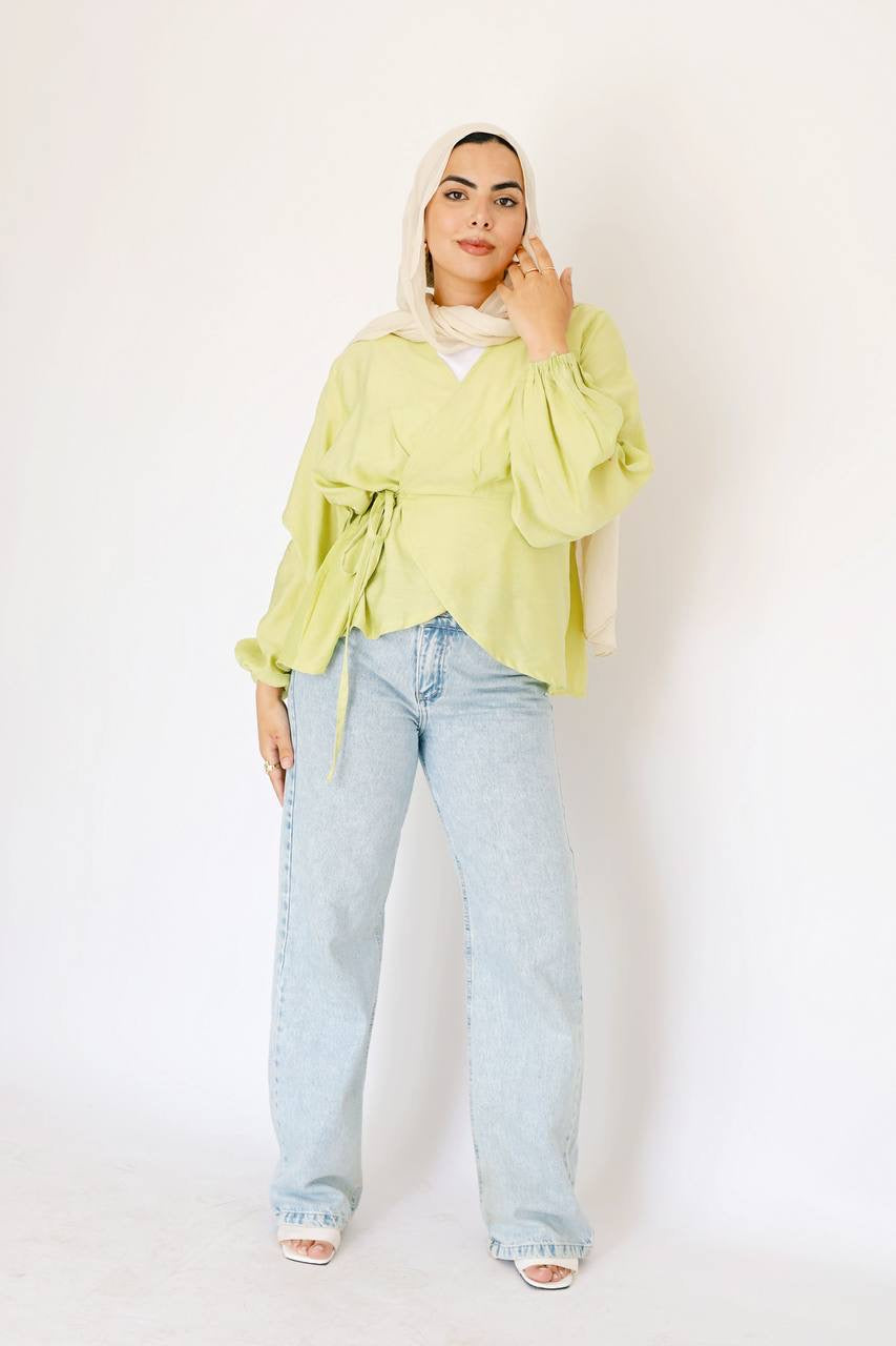 Lime green linen wrap blouse