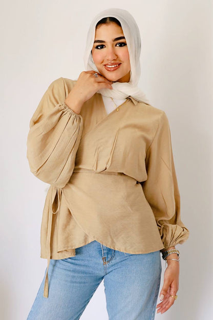 Beige linen wrap blouse