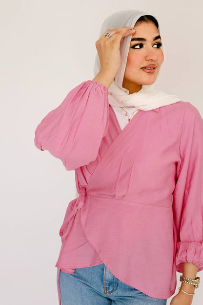 Pink linen wrap blouse