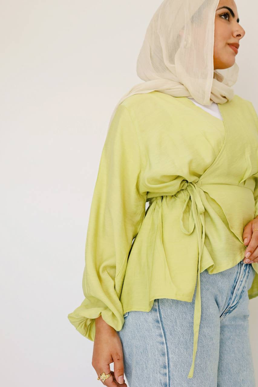 Lime green linen wrap blouse