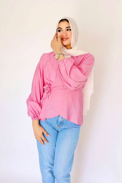 Pink linen wrap blouse