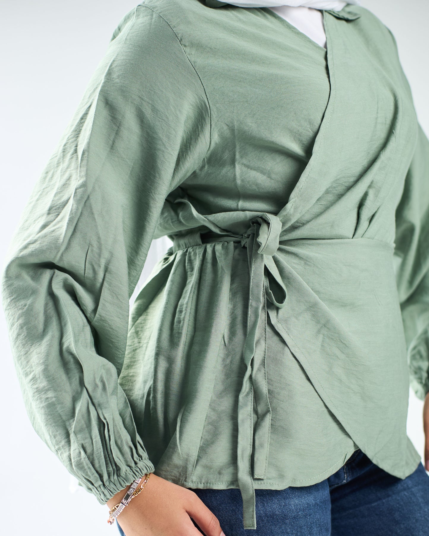 Sage linen wrap blouse