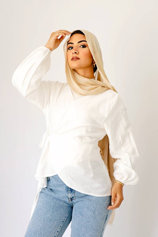 White linen wrap blouse