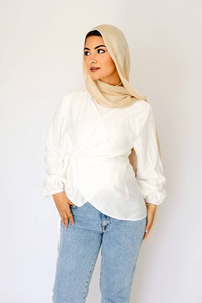 White linen wrap blouse